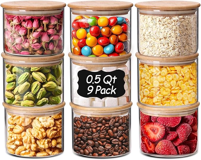 ComSaf 0.5 Qt Glass Food Storage Jars Set of 9, Clear Glass Storage Containers with Lids, Pantry Organization Jar, Spice, Salt, Blooming Tea, Coffee, Oat and Sugar Container, Small jar Set for Kitchen by ComSaf