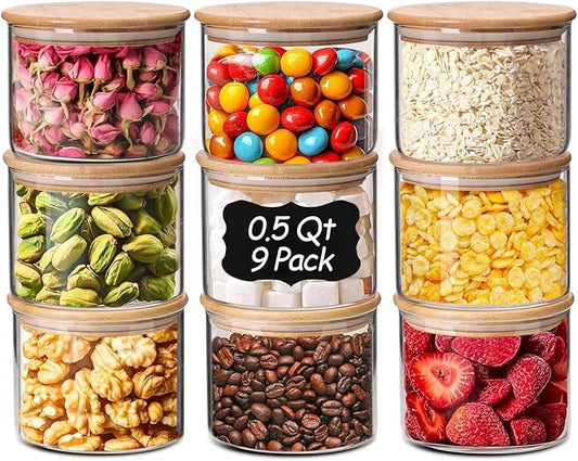 ComSaf 0.5 Qt Glass Food Storage Jars Set of 9, Clear Glass Storage Containers with Lids, Pantry Organization Jar, Spice, Salt, Blooming Tea, Coffee, Oat and Sugar Container, Small jar Set for Kitchen by ComSaf