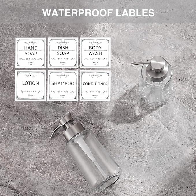 Soap Dispenser, Glass Hand Soap Dispenser with Rust Proof Pump, 16oz Liquid Soap Container with Waterproof Labels, Dish & Hand Soap Pump for Bathroom, Kitchen, Brushed Nickel, Pack of 2 - Image 7
