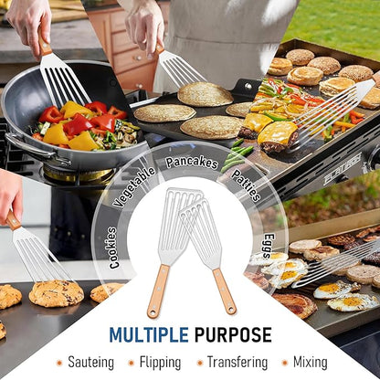 Joyfair Fish Spatula Metal Spatulas (Large & Small), 2 Pcs Stainless Steel Cooking Utensils Barbecue Turner for Flipping Turning, Kitchen Slotted Turners & Outdoor Griddle Accessories (Wooden Handle) - Image 6