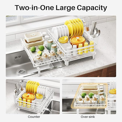 SNTD Dish Drying Rack - Extendable Dish Rack, Large Sink Drying Dish Drainer for Kitchen Counter, Stainless Steel Dish Strainer with Utensil Holder (White) - Image 3
