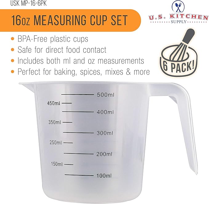 U.S. Kitchen Supply Plastic Measuring Cups with Handles - 16 oz (500 ml) Liquid Measuring Cup Set of 6 - Clear Microwave Safe Kitchen Cups - Measure in mL or Ounces, Measurement Cup for Cooking - Image 2