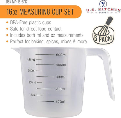 U.S. Kitchen Supply Plastic Measuring Cups with Handles - 16 oz (500 ml) Liquid Measuring Cup Set of 6 - Clear Microwave Safe Kitchen Cups - Measure in mL or Ounces, Measurement Cup for Cooking - Image 2