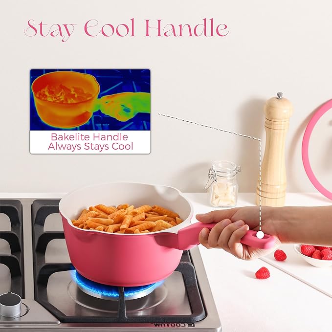 PRICUSIS Ceramic Nonstick Saucepan with Lid, 2 Quart Non Toxic Pot with Pour Spouts, Full Coated, 100% Dishwasher Safe, Induction Compatible & Oven Safe, PTFE PFAS & PFOA Free, Raspberry Red - Image 3