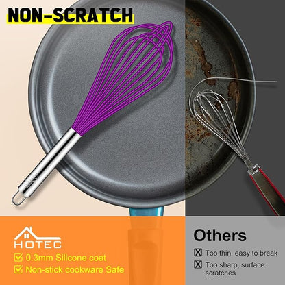 HOTEC 4 Pieces Silicone Whisks Set, Wire Balloon Whisks Egg Beater, Non-slip Handle Whisk for Non-stick Cookware Perfect for Cooking, Stirring, Beating and Blending (Purple) - Image 6
