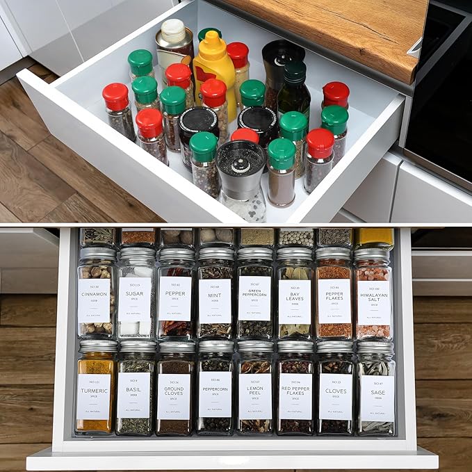NETANY 24 Pcs Glass Spice Jars with Bamboo Lids, 4 oz Glass Jars with Minimalist Farmhouse Spice Labels Stickers, Collapsible Funnel, Seasoning Storage Bottles for Spice Rack, Cabinet, Drawer - Image 7