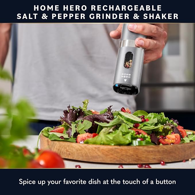 Home Hero Electric Salt and Pepper Grinder Set - Automatic Salt and Pepper Grinder Set Rechargeable. Electronic Salt and Pepper Shakers with LED Light, Electric Pepper & Salt Grinder, Set of 2 - Image 2