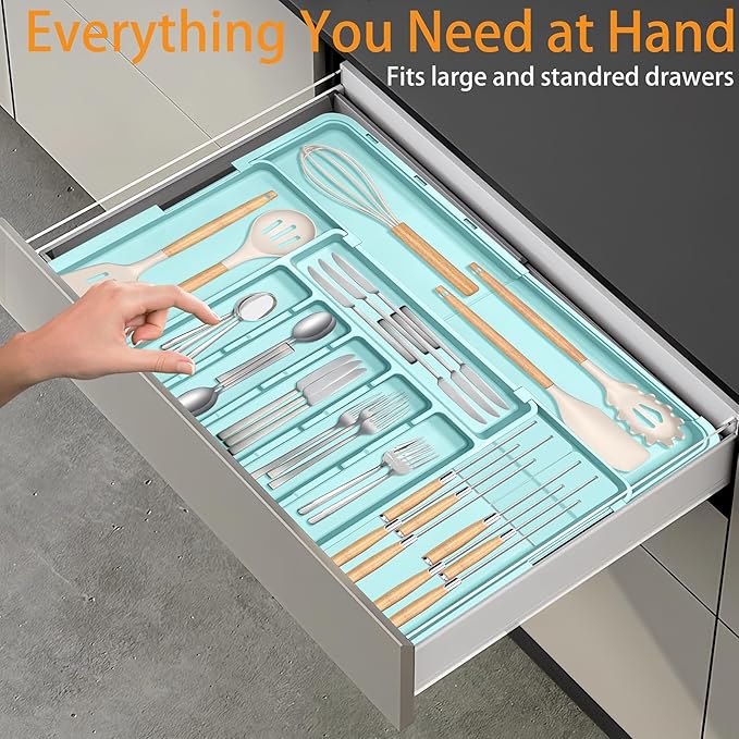 Homecor Silverware Organizer - Expandable Large Kitchen Drawer Organizer Utensil Organizer with 2 Knife Block Inserts, 22"x 19"Cutlery Tray with Drawer Dividers for Kitchen Flatware (Turquoise) - Image 9