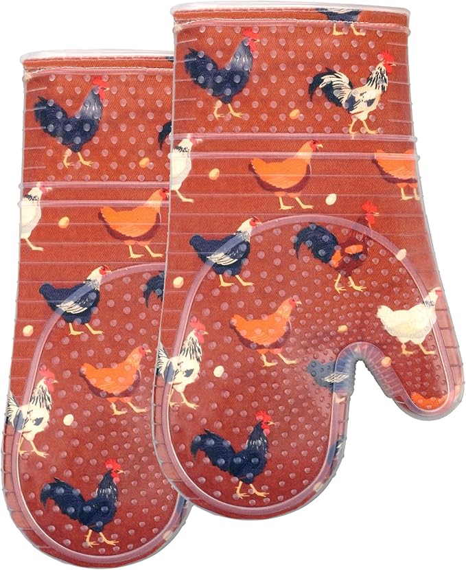 Oven Mitts Set of 2 with Transparent Clear Silicone Shell and Nice Shell Flower Cotton Lining, Heat Resistant to 500 F Kitchen Oven Gloves Pot Holder for Cooking (Rooster, Oven Mitts) by REDLMLDETA