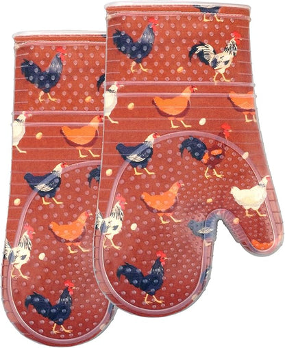 Oven Mitts Set of 2 with Transparent Clear Silicone Shell and Nice Shell Flower Cotton Lining, Heat Resistant to 500 F Kitchen Oven Gloves Pot Holder for Cooking (Rooster, Oven Mitts) by REDLMLDETA