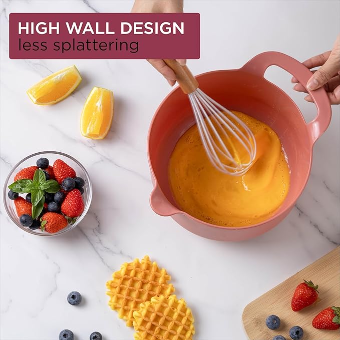 COOK WITH COLOR Nesting Plastic Mixing Bowl Set with Pour Spouts and Handles, Rose, 6 Piece Non-Slip - Image 4