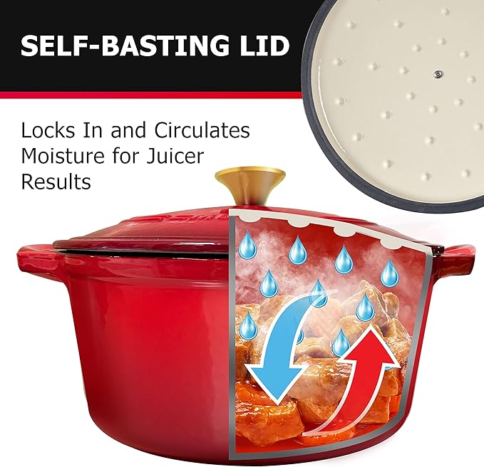 Mueller 6qt Enameled Cast Iron Dutch Oven, Heavy-Duty Casserole and Braiser Pan with Lid and Knob, Oven-Safe up to 500° F & Across All Cooktops, Red - Image 5