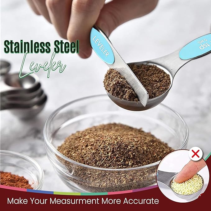 Magnetic Measuring Spoons Set of 9 Stainless Steel Dual-Sided Stackable Measuring Spoon Nesting Teaspoons Measuring Dry and Liquid Ingredients, Fits in Spice Jars Set of 9 (Blue Aqua Sky) - Image 3