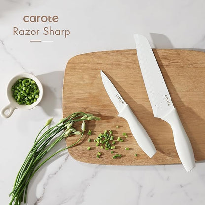 CAROTE 15Piece Knife Set, Kitchen Knife Block Set, Elegant White Ceramic-Coated Blades with Stylish Wooden Block for Modern Culinary Excellence - Image 5