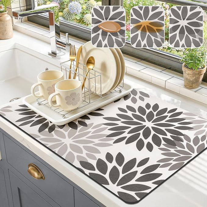 Findosom Floral Dish Drying Mat, 16" x 24" Super Absorbent & Hide Stain Coffee Mat, Cuttable Drying Mat for Kitchen Counter, Under Dish Rack, Coffee Maker, Espresso Machine, Dark Gray