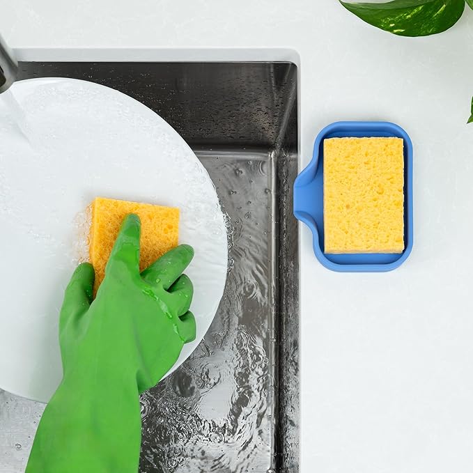 Zulay Kitchen Small Silicone Sponge Holder (4.9x3.3”) – Space-Saving Sink Organizer Tray for Sponge, Soap, Brush & More – Compact Non-Slip Dish for Kitchen & Bathroom (Provence Blue) - Image 3