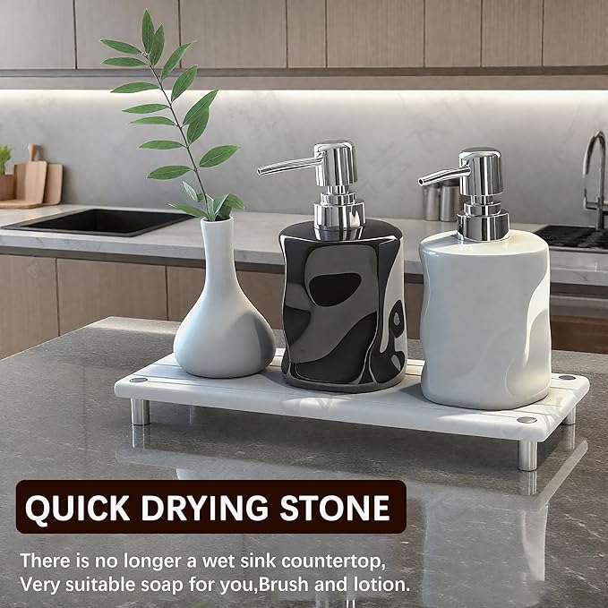 Quick Dry Sink Caddy Kitchen Sink Organizer, Water Absorbing Stone Tray for Sink, Stone Drying Tray, Diatomite Faucet Mat & Protector, Dispenser Sponge Holder, Stone Soap Tray for Bathroom Counter - Image 6