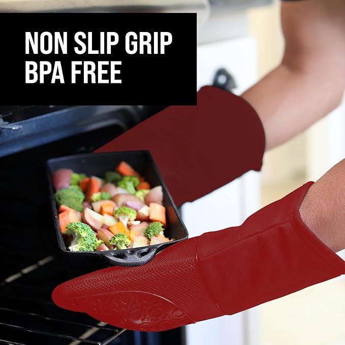 BPA-Free Silicone Oven Mitts Ultra Heat Resistant up to 500°F - Oven Mitts with Thick Cotton Liner - Long Slip Resistant Pot Holders, Flexible Oven Gloves - Empire Red 13.7 - Image 5