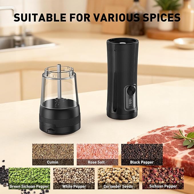 Electric Salt and Pepper Grinder Set, Upgrade 2-Speed Setting, External 5 Adjustable Coarseness, Rechargeable Automatic Salt & Pepper Shakers Mill with Battery Display, Storage Base & Led Light, Black - Image 7