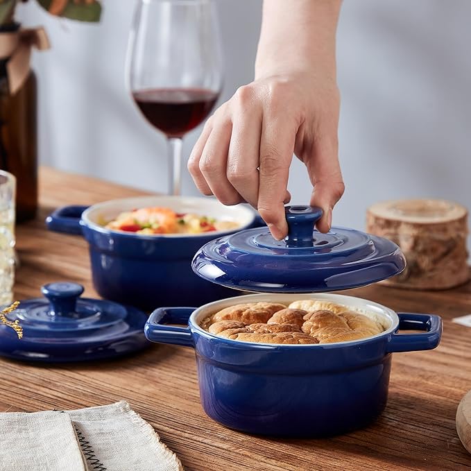 Lareina Mini Cocotte - 12oz Ceramic Casserole Dishes - Kitchen Casserole Sets With Handles And Lid - Small Baking Ramekins - Oven, Microwave & Dishwasher Safe - Set of 4 - Blue - Image 5