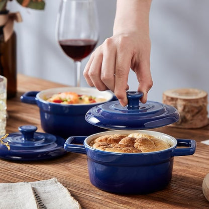 Lareina Mini Cocotte - 12oz Ceramic Casserole Dishes - Kitchen Casserole Sets With Handles And Lid - Small Baking Ramekins - Oven, Microwave & Dishwasher Safe - Set of 4 - Blue - Image 5