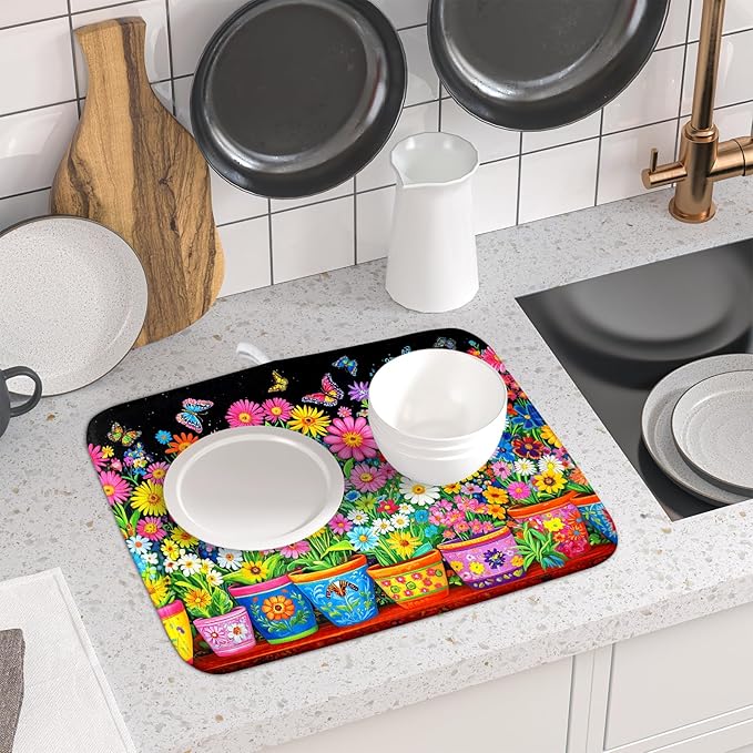 Colorful Floral Dish Drying Mat 16 X 18 Black Spring Flowers Absorbent Microfiber Kitchen Decor Counter Mats - Image 6