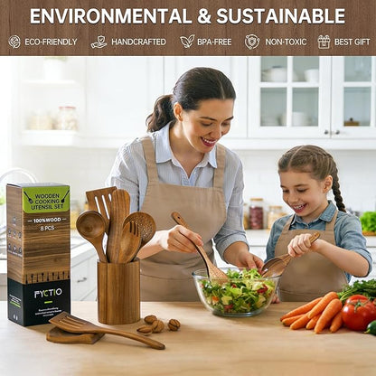 Wooden Utensil Set 8 Pcs - Natural Non-Toxic Acacia Wooden Spoons for Cooking, Nonstick, Sturdy, Non-Scratch, Easy to Clean, Wood Kitchen Utensils Set with Holder, Spoon Rest & 6 Hooks - Image 6