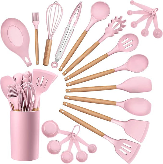 HaWare Kitchen Cooking Utensils Set, 23-Piece Silicone Kitchen Utensils Spatula Set with Holder, Heat Resistant Wooden Handle Kitchen Gadget for Nonstick Cookware, Food-grade Turner Spoon Sets (Pink) by HaWare