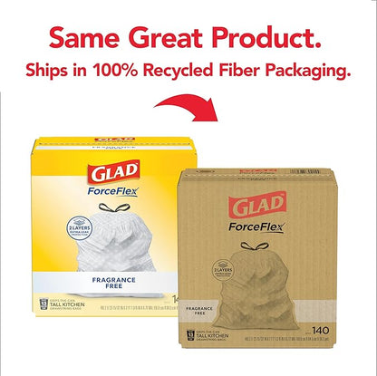 Glad ForceFlex Tall Kitchen Drawstring Trash Bags, 13 Gal, Fragrance Free, 140 Ct (Package May Vary) - Image 2