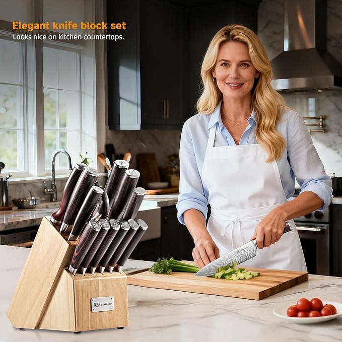 KEEMAKE 14-Piece Knife Set with Block,Ultra Sharp Knife Block Set High Carbon Stainless Steel Kitchen Knife Set Professional Chef Knife Set with Ergonomic Pakkawood Handle and Sharpener