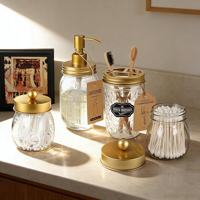 Amolliar Mason Jar Liquid Soap Dispenser -Rustproof Stainless Steel Farmhouse Decor for Bathroom Vanities,Kitchen Sink/ Liquid Soap Pumps for Hand Soap,Dish Soap,Lotions/Golden -2 Pack - Image 5