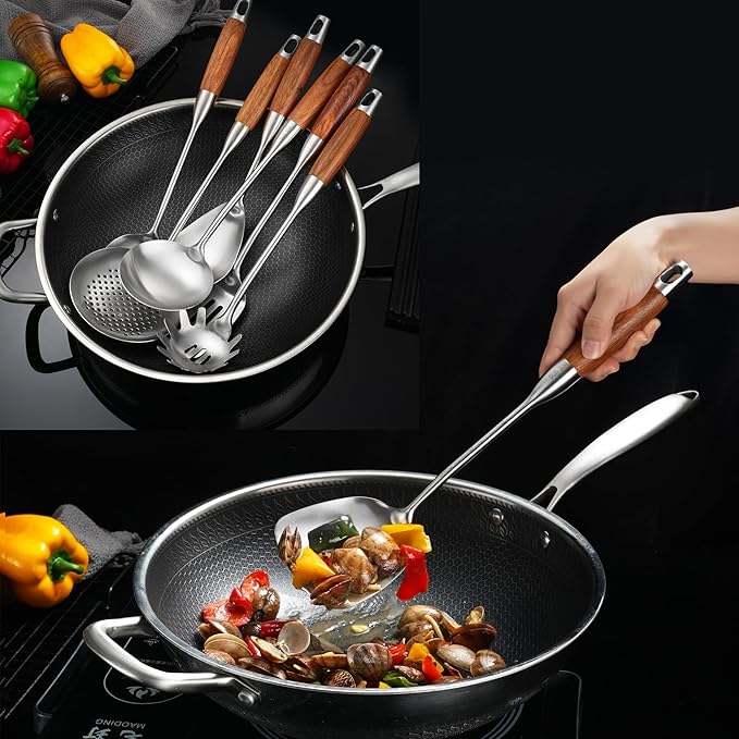 Stainless Steel Kitchen Utensils Set with Wooden Handle for Cooking 9 PCS with Solid and Slotted Spoon, Fork, Spatula, Ladle, Skimmer, Slotted Tunner, Spaghetti and Large Spoon - Image 8