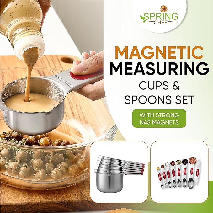 Spring Chef Magnetic Measuring Cups & Spoons Set, Patented, Strong N45 Magnets, Heavy Duty Stainless Steel Fits in Spice Jars for Baking & Cooking, BPA Free, Round Set of 15 with Leveler, Red - Image 3
