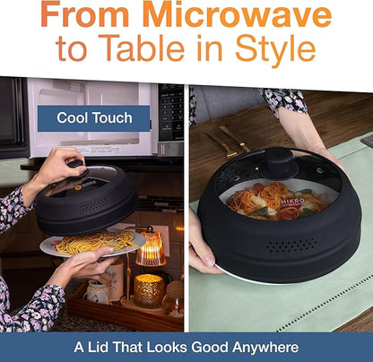 Mikro Innovations Glass & Silicone Microwave Splatter Cover – Tall and Collapsible Design that fits 6-10.5in Plates and Bowls - Space Saving, BPA Free & Dishwasher Safe (1, Black, large)