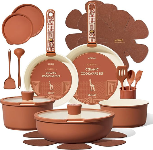 CAROTE 21-Piece Ceramic Cookware Set, Nonstick Pots and Pans Set with Detachable Handle, Non-Toxic Kitchen Cooking Set, Induction Compatible, Dishwasher & Oven Safe, Terracotta by CAROTE
