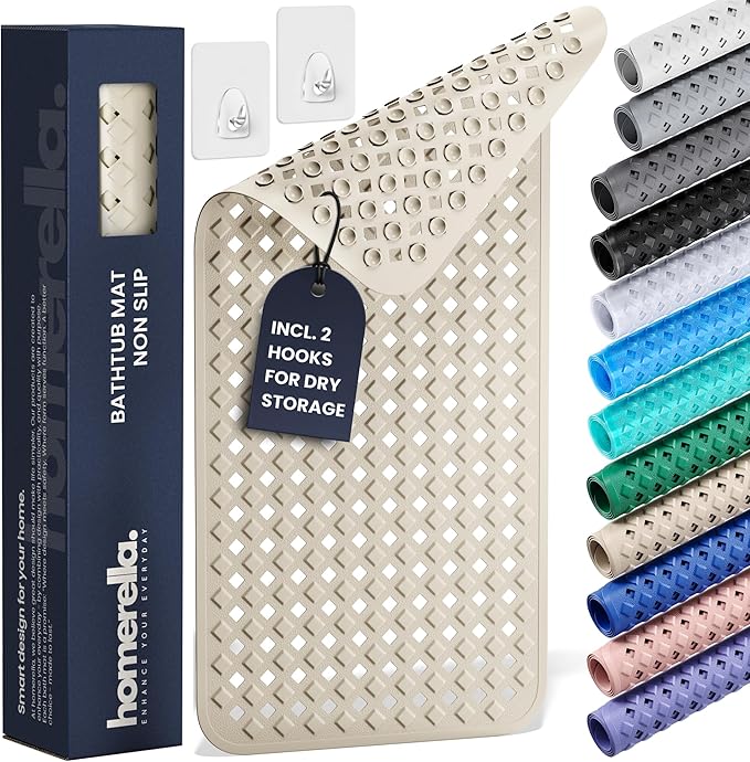 Bathtub Mat Non Slip 35x16 - homerella® Bath Mat Incl. Hooks for Drying, Extra Long, 100% BPA Free, Shower Mat Non Slip Anti Mold, Machine Washable, Shower Mats for Inside Shower Mildew Resistant