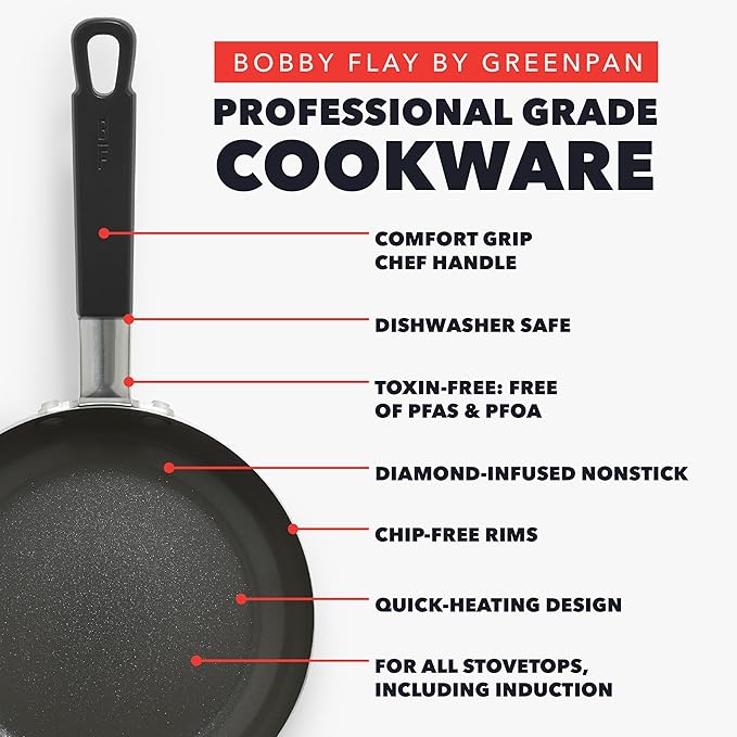 GreenPan x Bobby Flay 13 Piece Nonstick Cookware Pots and Pans Set, PFAS-Free Diamond Ceramic, Induction Suitable, Easy Clean Dishwasher & Oven Safe, Stay-Cool Silicone Handles, Glass Lids, Black - Image 3