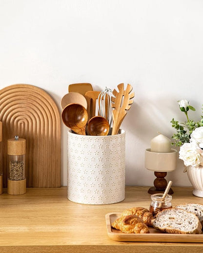 MALACASA LYDIA Ceramic Utensil Holders, 7.3"+5.5" Kitchen Utensil Crock Set for Countertop, Large & Small Utensil Organizers for Cooking Tools, Five-Leaf Grass Pattern - Image 7