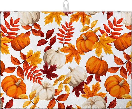 Fall Pumpkin Maple Dish Drying Mat for Kitchen Counter Thanksgiving Drying Pad Absorbent Reversible Dish Drainer Rack Mats Draining Pad 18"x24"Inch