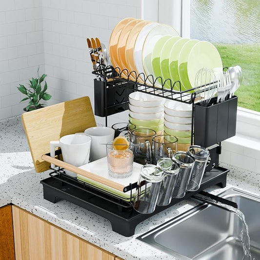 2-Tier Dish Rack with Drainboard: Large Capacity Anti-Rust Kitchen Counter Organizer with Cup, Utensil & Cutting Board Holders, Heavy Duty Dish Drying Rack, Black