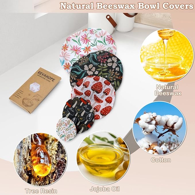 5-Size Reusable Beeswax Bowl Covers for Bread Proofing, Cotton Cloth Flexible Beeswax Wraps for Food Storage(Mushroom) - Image 3