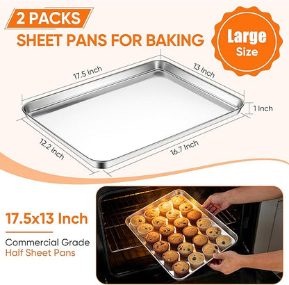 LIANYU 2 Pack Stainless Steel Cookie Sheet Pans, Commercial Grade Baking Sheet, 17.5x13 Inch Half Sheet Pan, Professional Bakeware Cookie Tray, Mirror Finish & Non Toxic & Easy Clean - Image 2