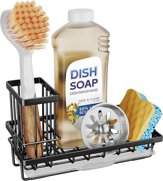 SWTYMIKI Sink Caddy Sponge Holder - Kitchen Sink Organizer with High Brush Holder for Countertop to Hold Dish Soaps and Sponges, Stainless Steel, Black by SwtyMiki-TidyHomeSweetLife