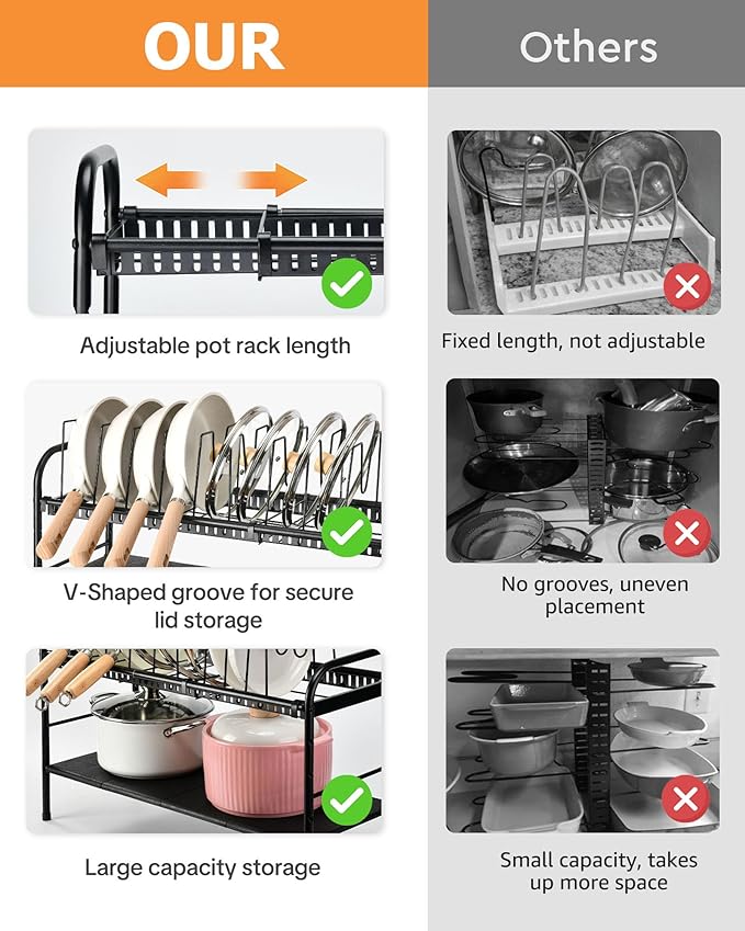 HULISEN Pots and Pans Organizer Under Cabinet, Expandable 2-Tier Pots and Pans Lid Storage Rack Holder with 10 Dividers, Adjustable Height Under Sink Organizer, Maximize Kitchen Storage Space - Image 4