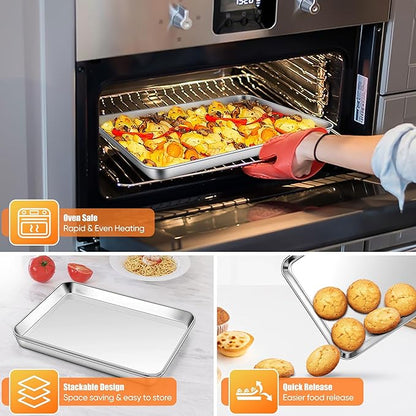 Homikit 2 Pack Baking Sheet, 9 x 13 Inches Stainless Steel Quarter Sheet Pan Set for Baking Cooking Toasting, Metal Cookie Tray Fits Toaster Oven, Non Stick & Rust Free, Dishwasher Safe - Image 3