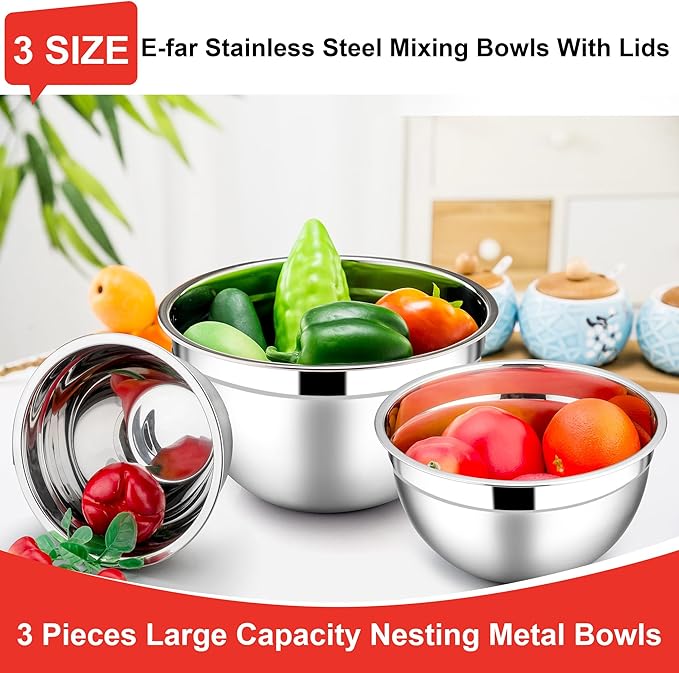E-far Mixing Bowls with Lids, 6-Piece Stainless Steel Salad Bowls Metal Nesting Bowls for Baking Cooking and Prepping, Airtight Lids & Stackable Design, Size 4.5, 3, 1.5 QT (Red) - Image 3