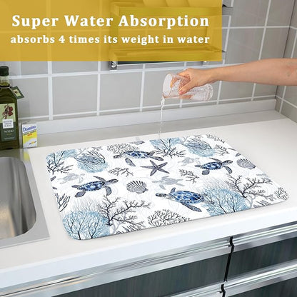 Giwawa 18"x24" Coastal Sea Turtles Dish Drying Mat Nautical Ocean Tortoise Coral Starfish Dish Drainer Mats for Kitchen Microfiber Reversible Dish Drying Rack Pad for Countertop Tabletop Decor