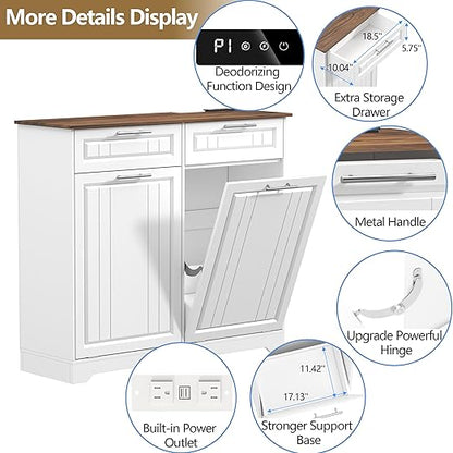 Double 10 Gallon Tilt Out Trash Can Cabinet with Deodorizing Function and Power Outlet, Wooden Hidden Garbage Can Holder with 2 Storage Drawers for Kitchen, Laundry Hamper Cabinet for Bathroom, White