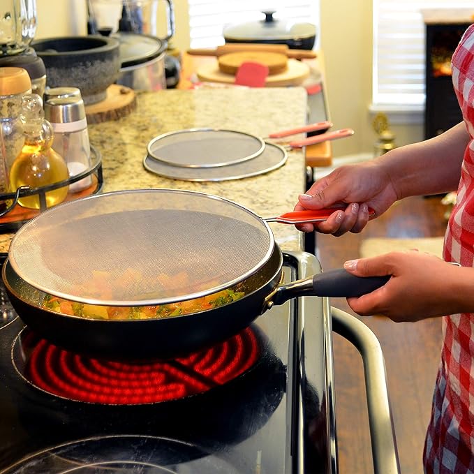 Grease Splatter Screens Guards Shields Frying Pan Pot Cooking Oil Cover Skillet Lid - Stainless Steel Mesh Blue Handle Set of 3: 8", 9.5", 11" - Image 2