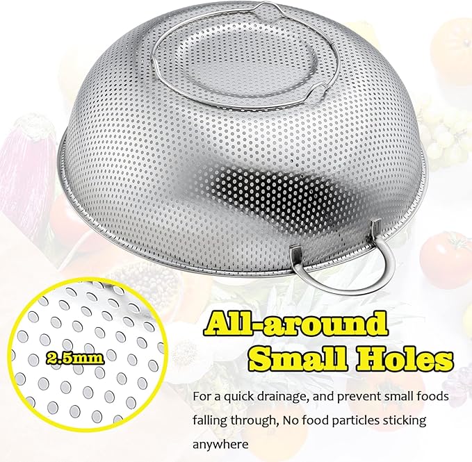 P&P CHEF Stainless Steel Colander, Micro-Perforated Food Strainer with Handle for Washing Draining, Great for Pasta Fruits Vegetables, Dishwasher Safe & Healthy, 1 +3 Qt, 2Pcs - Image 5
